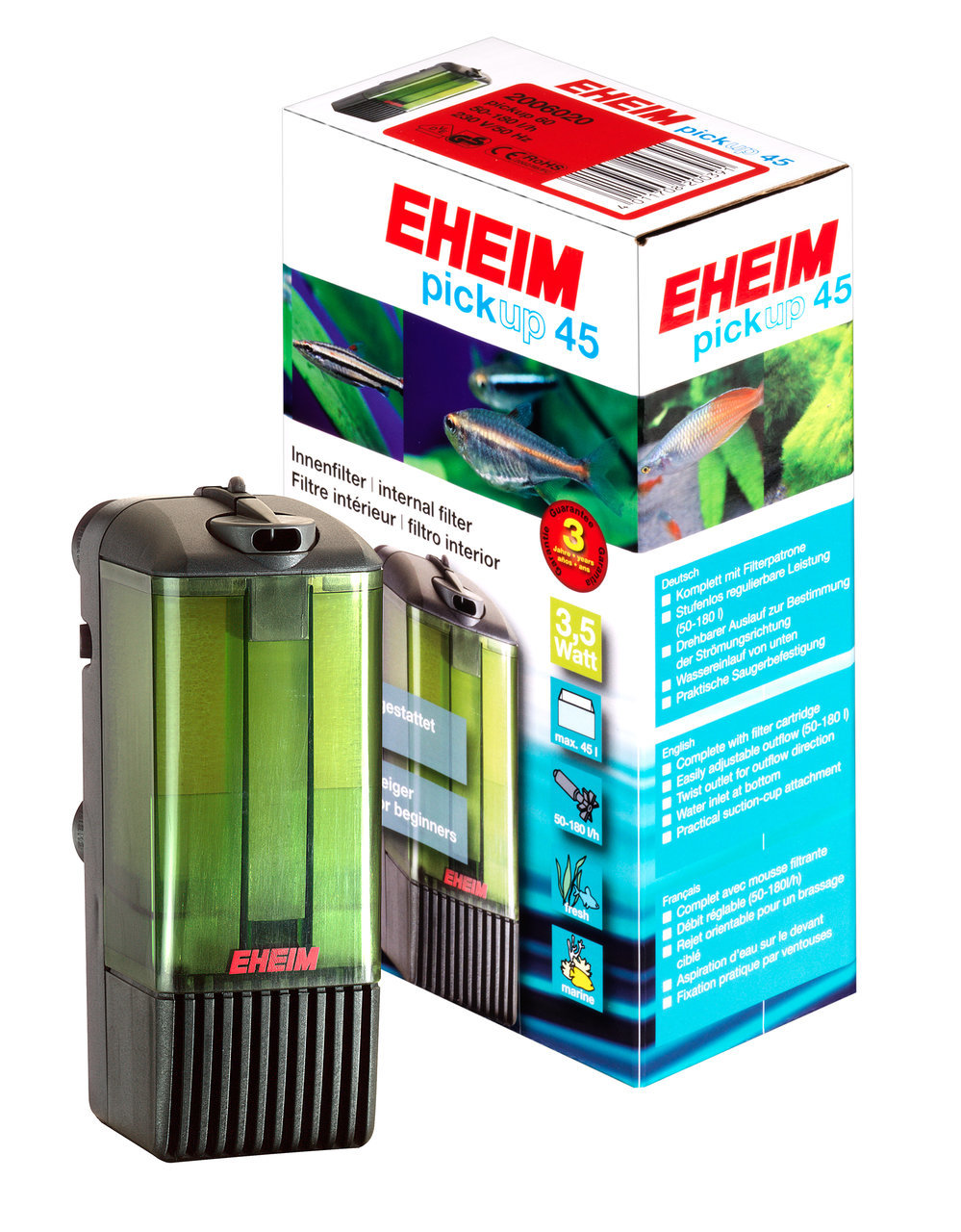 Das Bild zeigt den EHEIM Innenfilter "pickup 45", ein Produkt für Aquarien bis 45 Liter. Der Filter ist für Süß- und Meerwasseraquarien geeignet und hat eine Leistung von 3,5 Watt. Die Verpackung hebt die einfache Handhabung, die Filterkartusche und die S