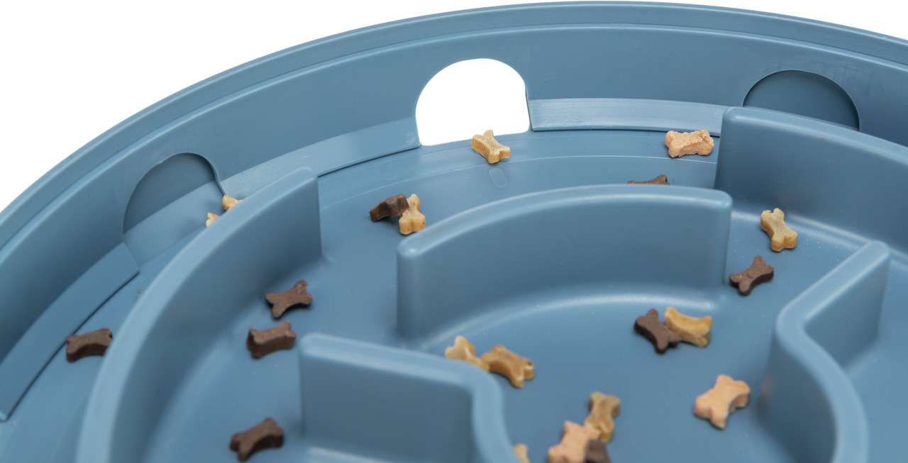 Das Bild zeigt den TRIXIE Dog Activity Strategiespielzeug, ein interaktives Futterspiel für Hunde. Zielgruppe sind Hunde aller Größen, die geistig gefördert werden sollen. Das Spielzeug ist aus robustem, blauem Kunststoff gefertigt und mit kleinen, bunten