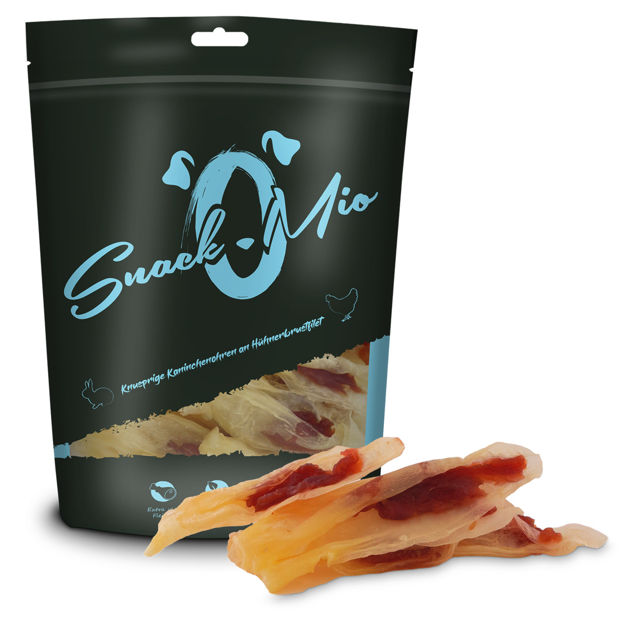 SnackOMio Snack für Hunde: Knusprige Kaninchenohren mit Hühnerbrustfilet, 125g.