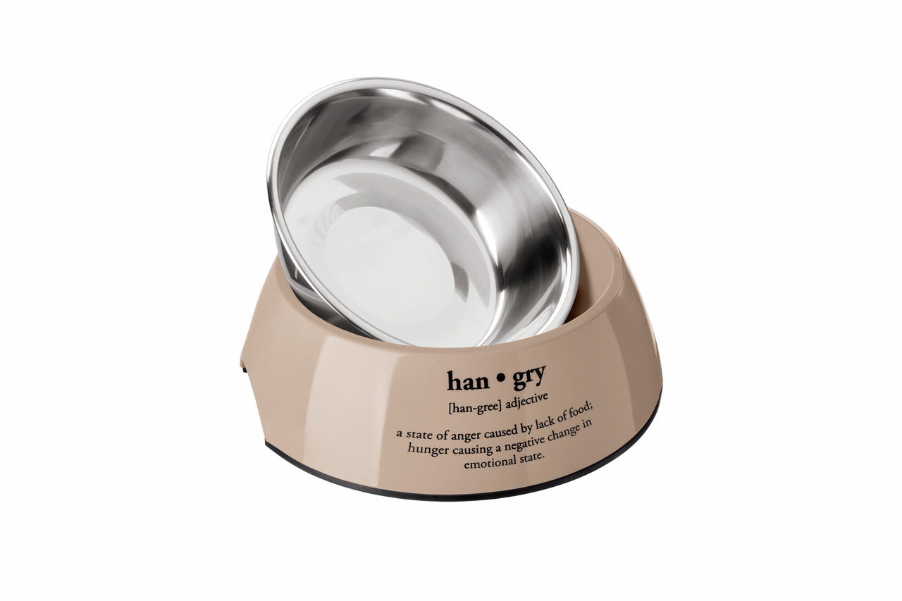 HUNTER Futternapf für Hunde & Katzen, Edelstahlschale, beige Kunststoffgehäuse, Aufschrift „han·gry“, funktional & stylisch.