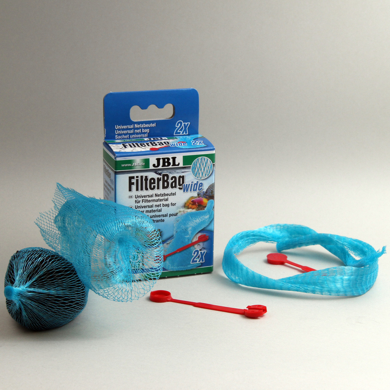 JBL FilterBag Wide: Universal-Netzbeutel f. Filtermaterial, 2 blaue Beutel+rote Clips, f. Aquarienbesitzer, erleichtert Reinigung.