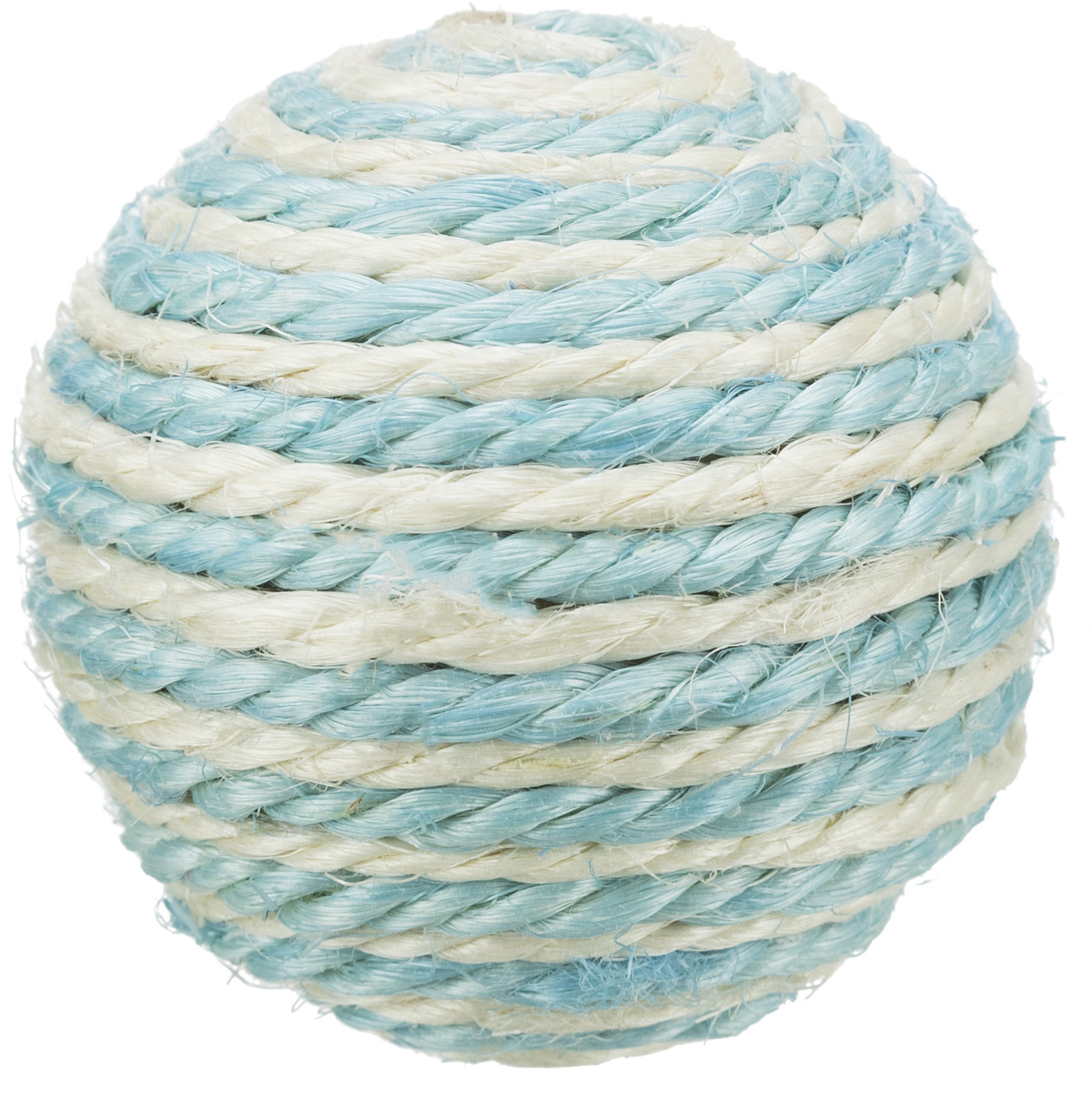 Das Bild zeigt den TRIXIE Spielball für Katzen, ein hochwertiges Katzenspielzeug aus robustem, geflochtenem Seil in den Farben Blau und Weiß. Der Ball ist speziell für Katzen entwickelt und fördert spielerisch die Aktivität und den Jagdinstinkt. Ideal für