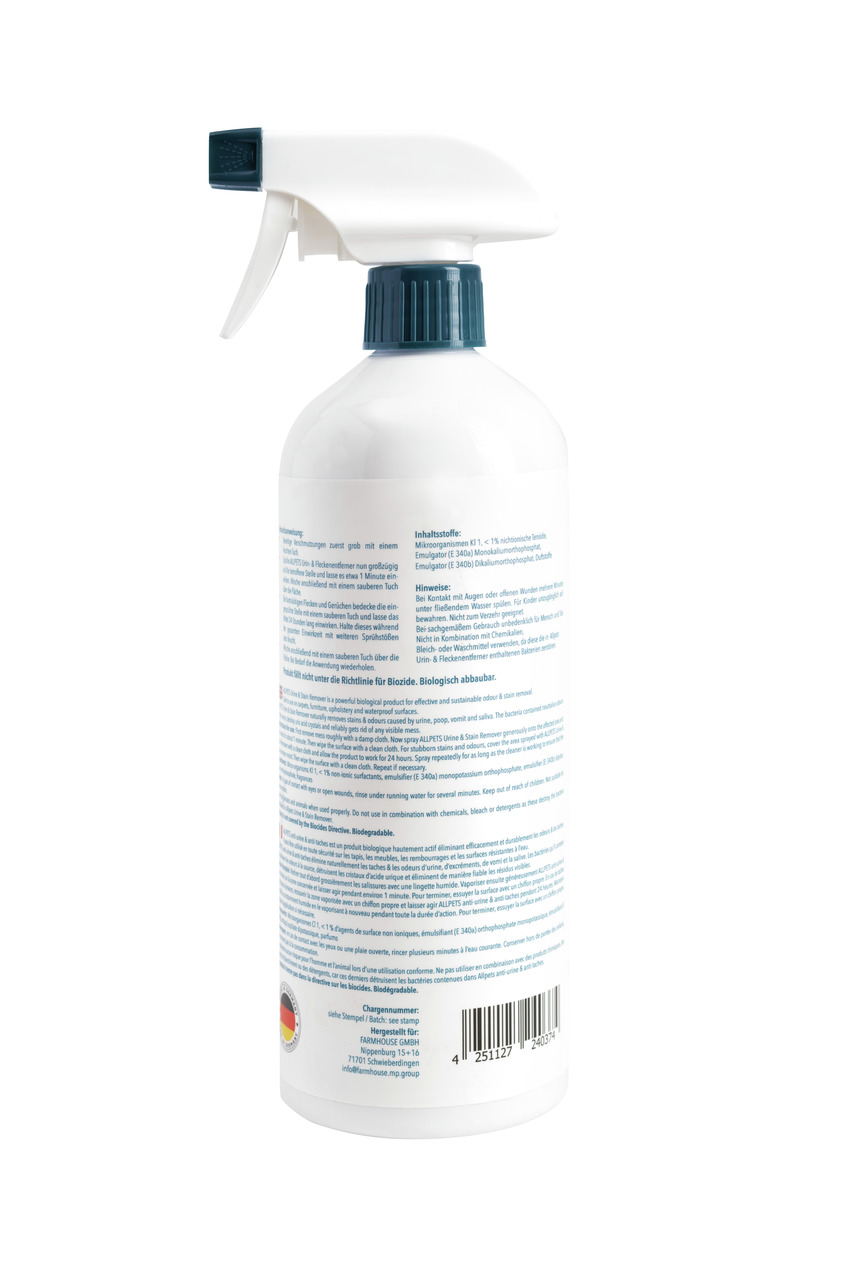 Allpets Reinigungsmittel, biologisch abbaubar, für Tierbedarf, 4251127240374, weiße Flasche mit blauem Sprühkopf.
