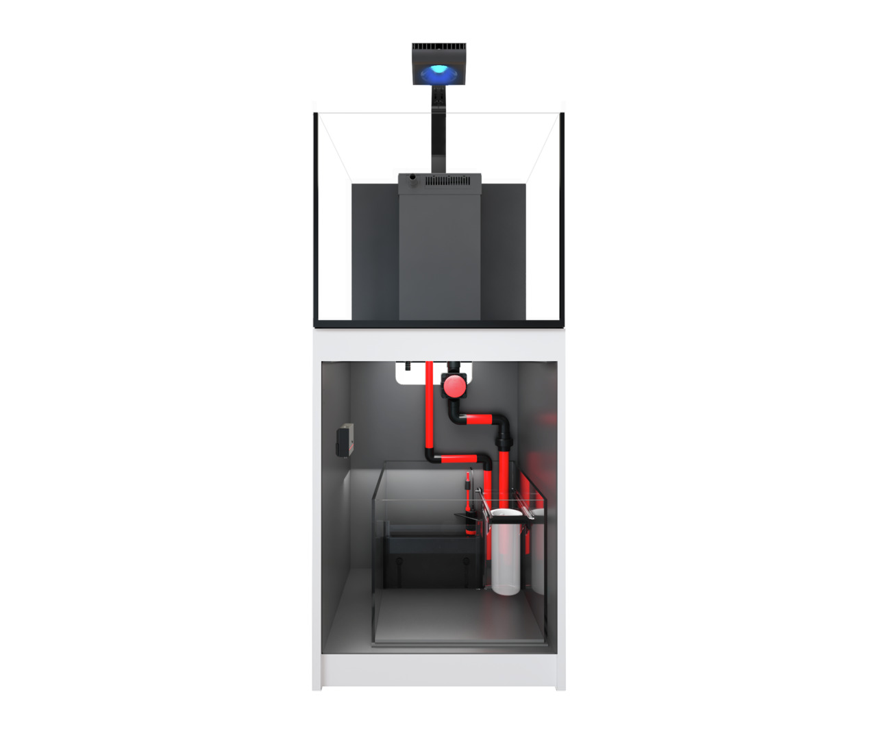 Das Bild zeigt das Red Sea Reefer Aquarium-System, ein hochwertiges Meerwasseraquarium für Aquaristik-Enthusiasten. Es umfasst ein modernes Design mit einem integrierten Filtersystem, das aus roten und schwarzen Rohrleitungen besteht. Das Aquarium ist spe
