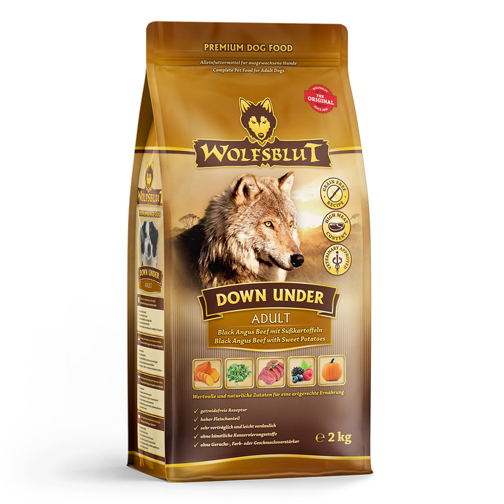 WOLFSBLUT Down Under Adult, für ausgewachsene Hunde, Black Angus Rind & Süßkartoffeln, getreidefrei, leicht verdaulich, 2 kg.