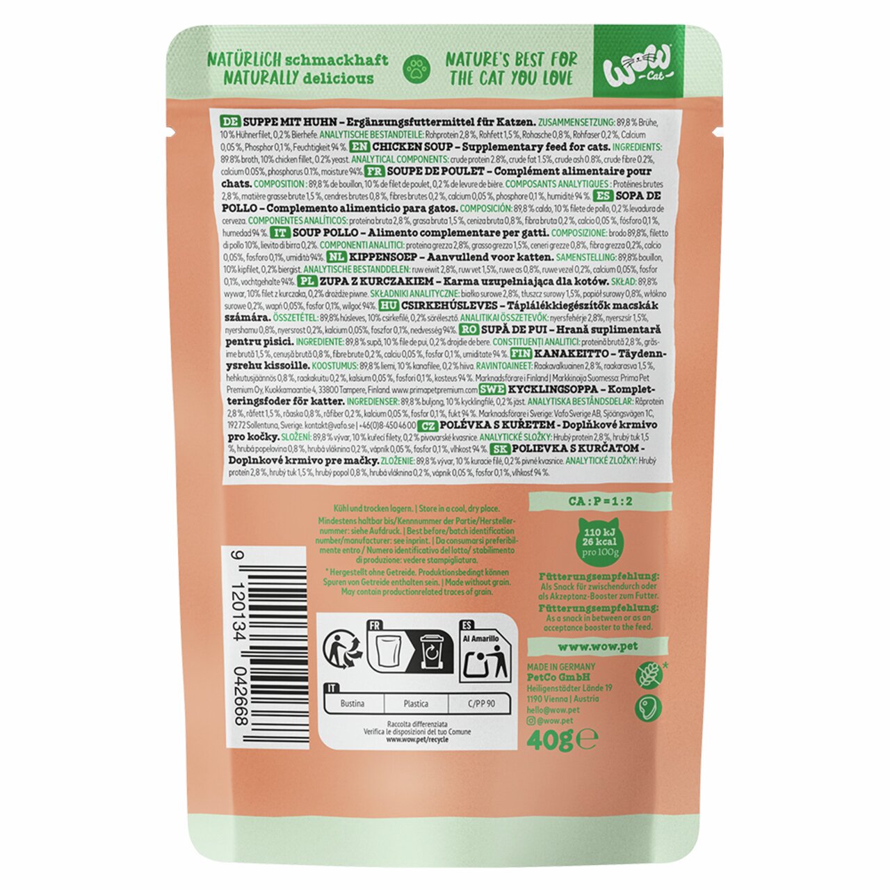 Sparpaket WOW CAT Hühnersuppe, Ergänzungsfutter für Katzen, natürlich lecker, 408 g, hoher Fleischanteil, schonend zubereitet.