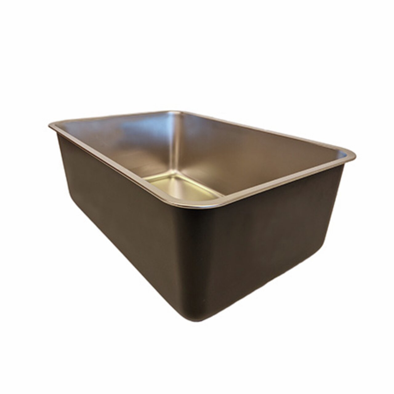 Ein rechteckiges Backblech aus Edelstahl mit glänzender Innenfläche und mattschwarzer Außenseite. Es eignet sich ideal zum Backen von Brot, Kuchen oder anderen Speisen. Die robuste Konstruktion sorgt für eine gleichmäßige Wärmeverteilung. Perfekt für den 