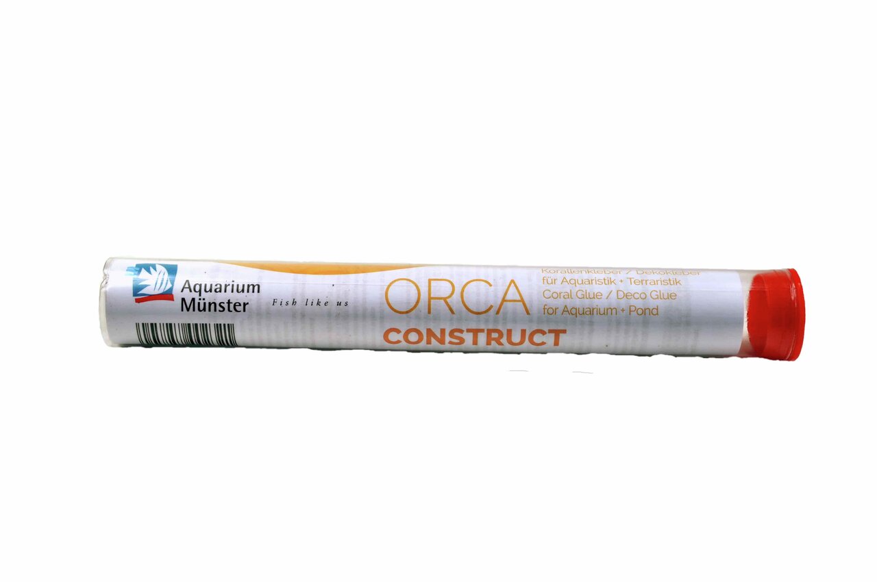 Aquarium Münster ORCA Construct, Korallenkleber für Aquaristik-Terraristik, „Fish like us“, für Aquarien-Teiche, weiße Tube, roter Verschluss.