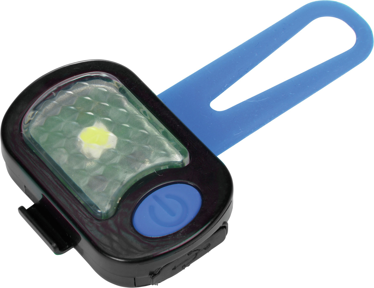 Das Bild zeigt das AniOne LED-Sicherheitslicht für Haustiere, geeignet für Hunde und Katzen. Es verfügt über ein kompaktes, schwarzes Gehäuse mit einer blauen Silikonschlaufe zur Befestigung. Die LED-Lampe sorgt für bessere Sichtbarkeit bei Dunkelheit. Id