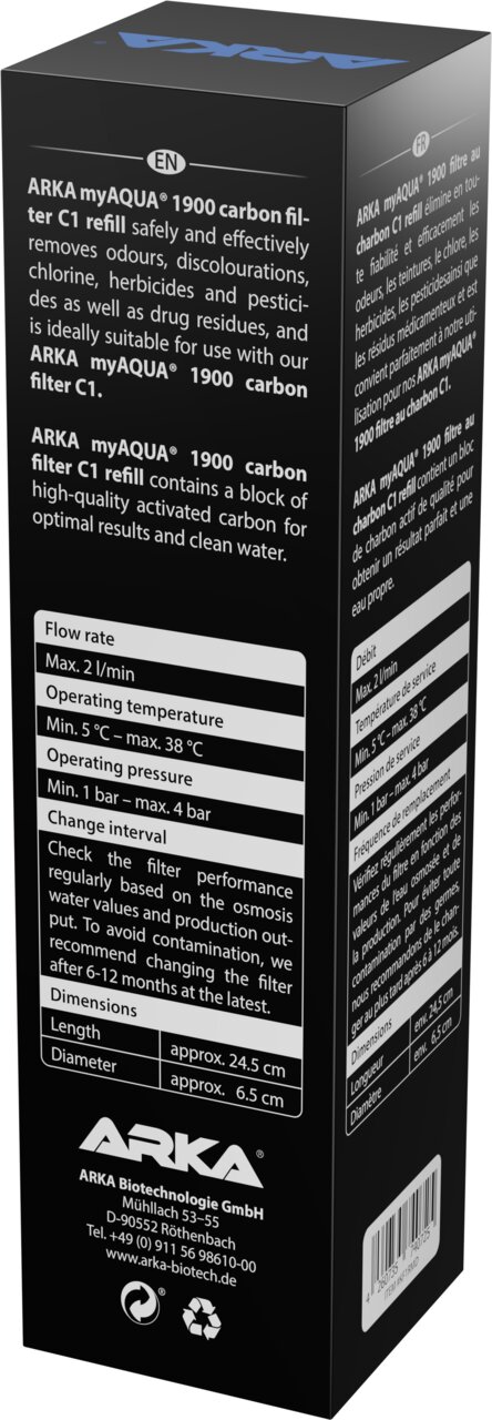 ARKA myAQUA 1900 Carbon Filter C1 Nachfüllfilter für Osmoseanlagen, Aktivkohleblock, sauberes Wasser, 1 Stück