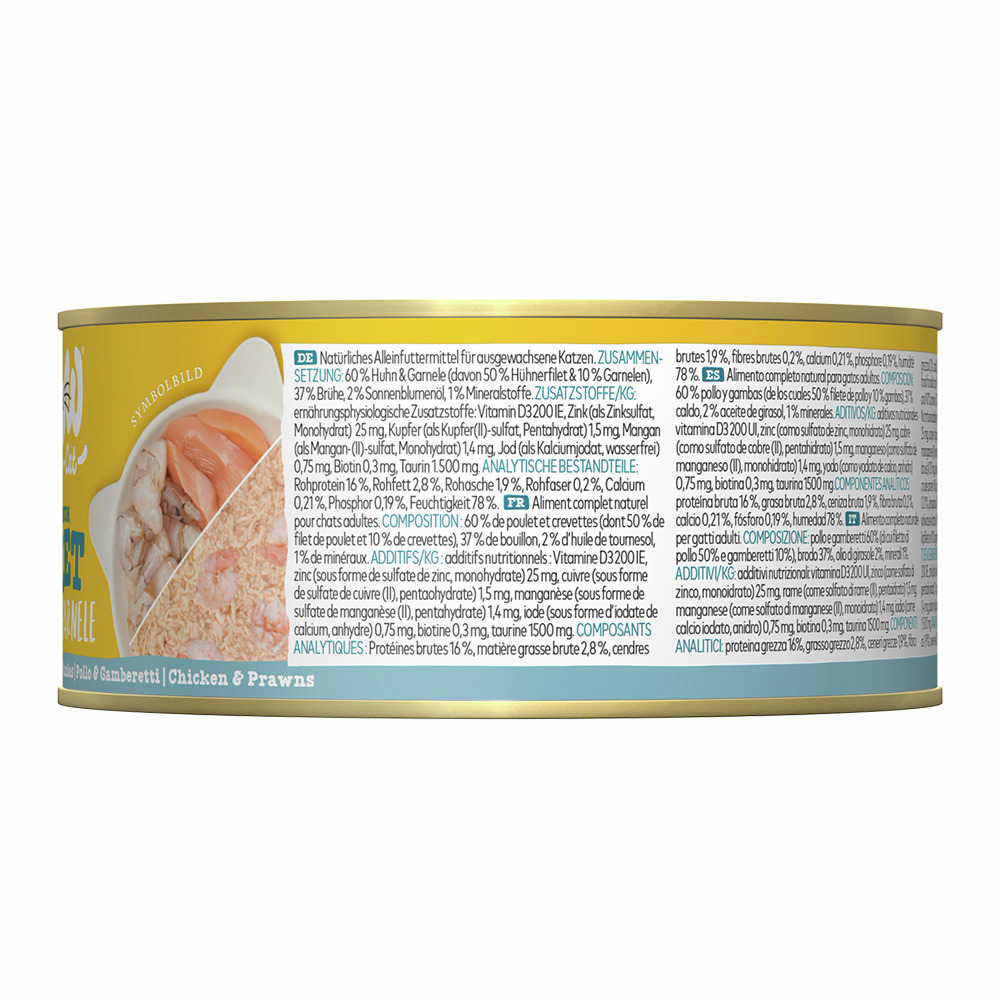 WOW CAT Katzenfutter Huhn & Garnelen, Alleinfutter f. ausgew. Katzen, 70 g, 60 % Huhn & Garnelen, natürliche Zutaten.