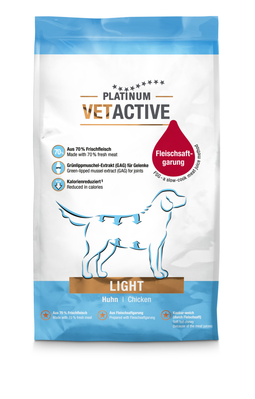 PLATINUM VETACTIVE LIGHT Huhn, für Hunde, 70 % Frischfleisch, Fleischsaftgarung, Grünlippmuschel, kalorienreduziert.