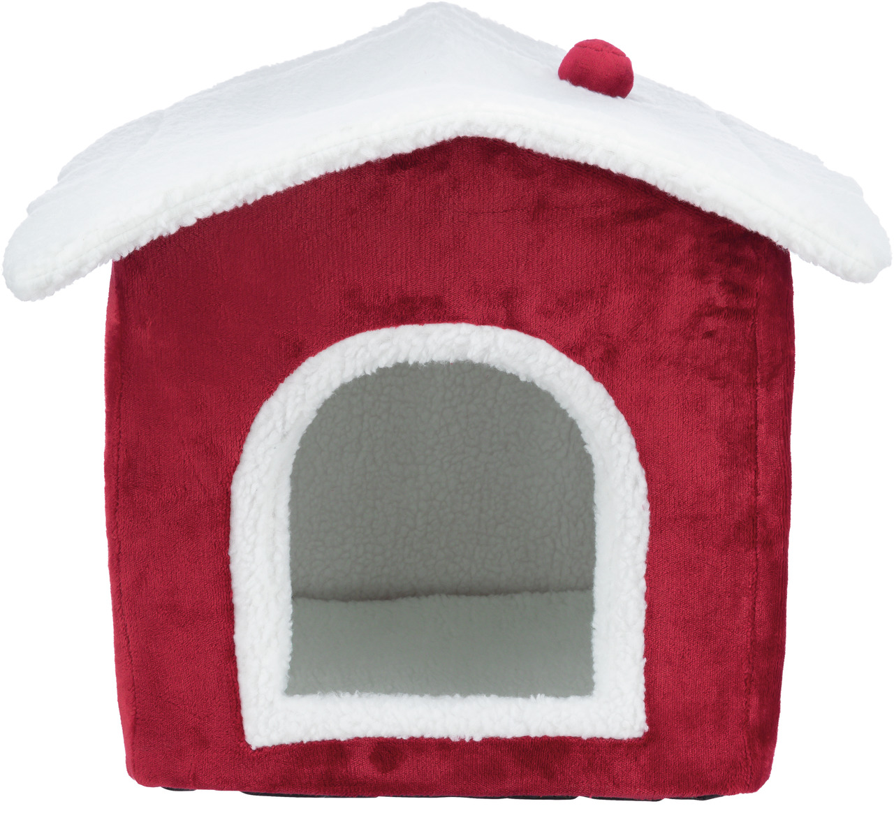 Weiches, rotes Haustierhaus von TRIXIE mit weißem Dach und dekorativem roten Knopf, ideal für Katzen und kleine Hunde. Das kuschelige Innenfutter bietet Komfort und Wärme. Perfekt für die Winterzeit. Maße und weitere Details sind auf dem Produktbild nicht