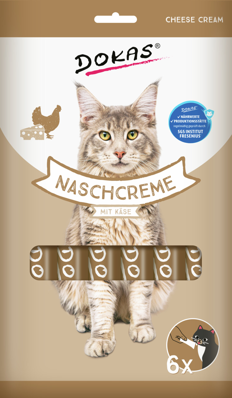 DOKAS Naschcreme mit Käse für Katzen: 6 Portionen Käsecreme, Snack-Belohnung, geprüfte Qualität (SGS Institut Fresenius).