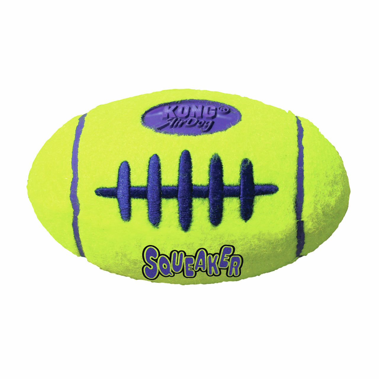 KONG AirDog Squeaker Football, Hundespielzeug, gelb-violett, mit Quietscher, Tennisball-Design, interaktiver Spielspaß, oval, KONG-Logo.