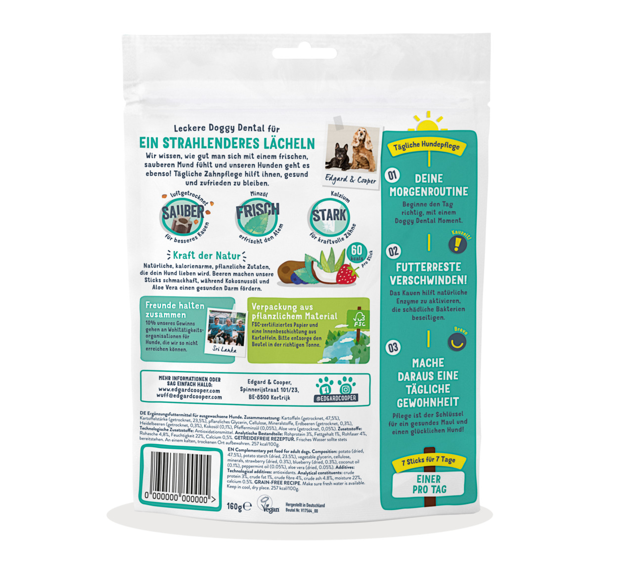 Edgard & Cooper Doggy Dental Sticks, für Hunde, Beeren, 7 Sticks (160 g), natürliche kalorienarme Zutaten, fördert Zahngesundheit.