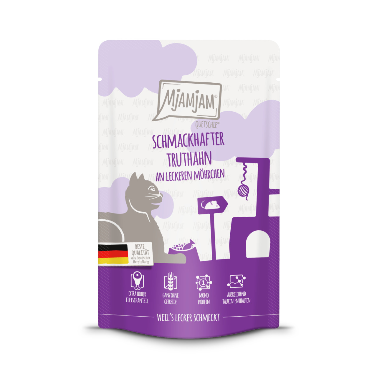 Mjamjam Quetschie Truthahn & Möhrchen, Katzen, getreidefrei, Monoprotein, Taurin, hoher Fleischanteil, 125 g.