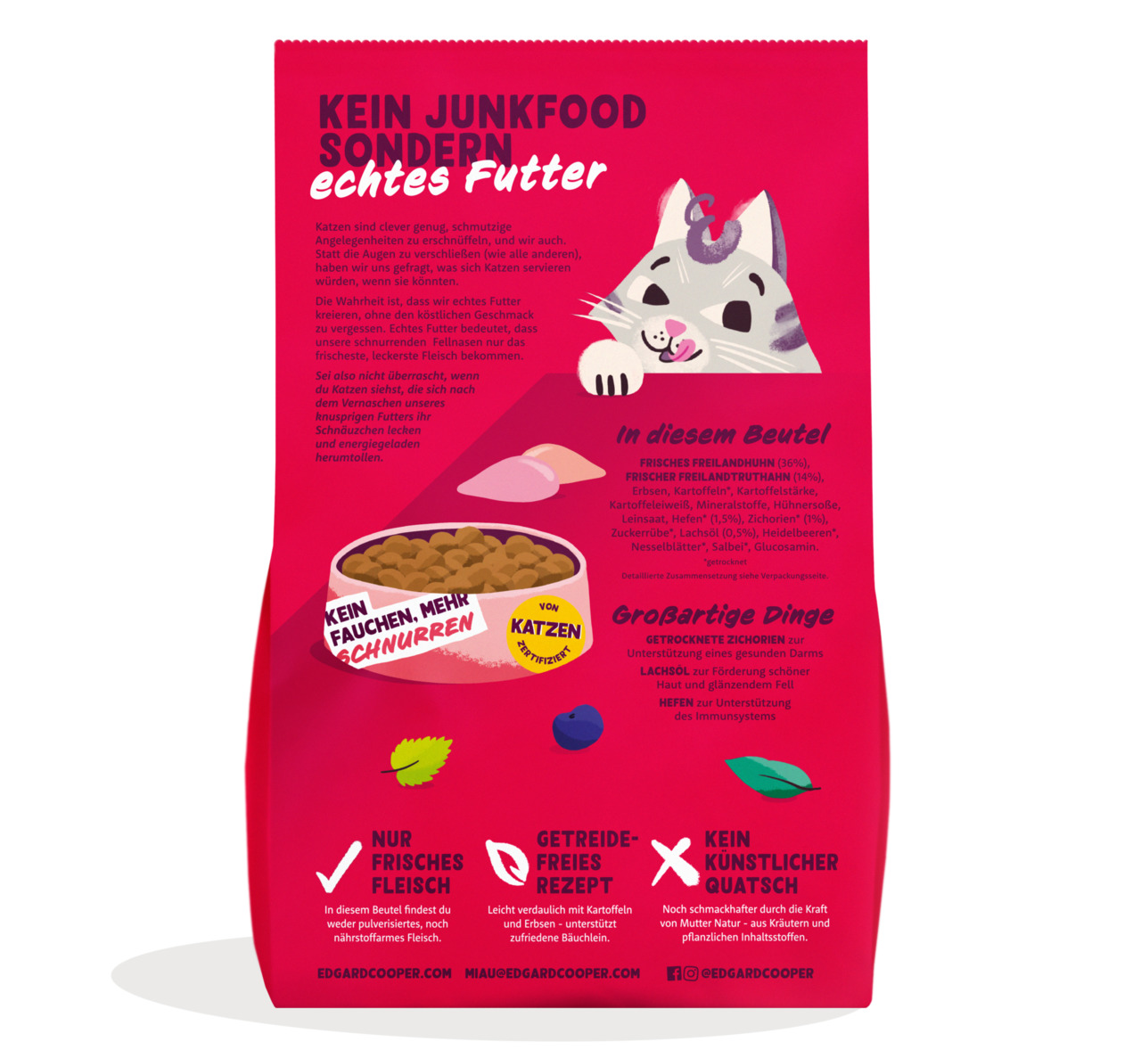 Das Bild zeigt eine leuchtend pinke Verpackung von Edgard & Cooper Katzenfutter mit der Aufschrift „Kein Junkfood, sondern echtes Futter“. Es handelt sich um getreidefreies Trockenfutter für Katzen mit frischem Freilandhuhn und Truthahn. Die Verpackung be