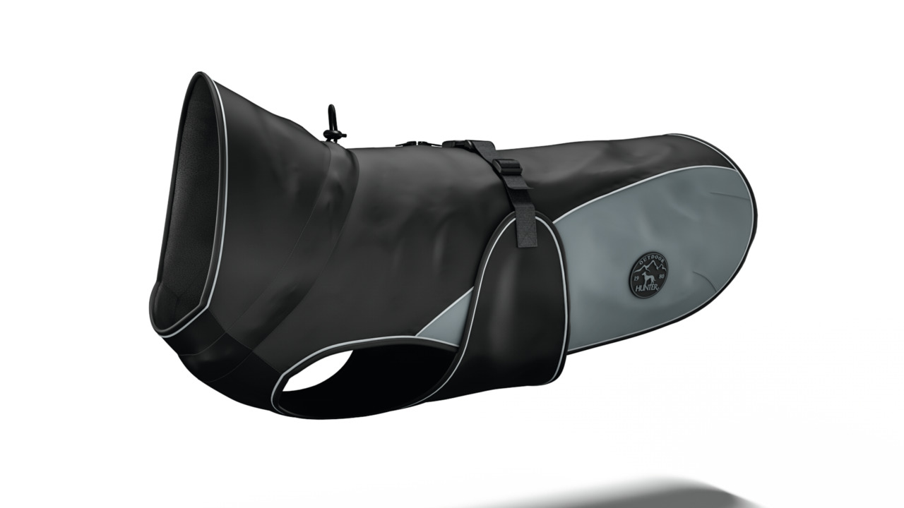 HUNTER Hundemantel "Outdoor", für alle Größen, Schwarz/Grau, reflektierend, Schutz vor Kälte/Nässe, verstellbarer Gurt.
