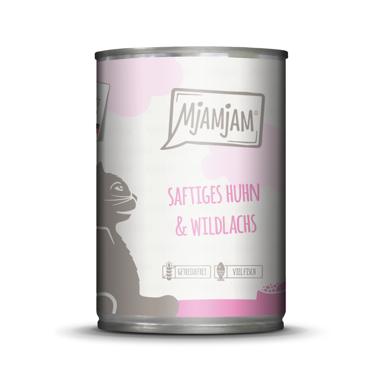 MJAMJAM Katzenfutter "Saftiges Huhn & Wildlachs", getreidefrei, viel Fisch, für Katzen, modernes Design, Dose mit Katzenmotiv.