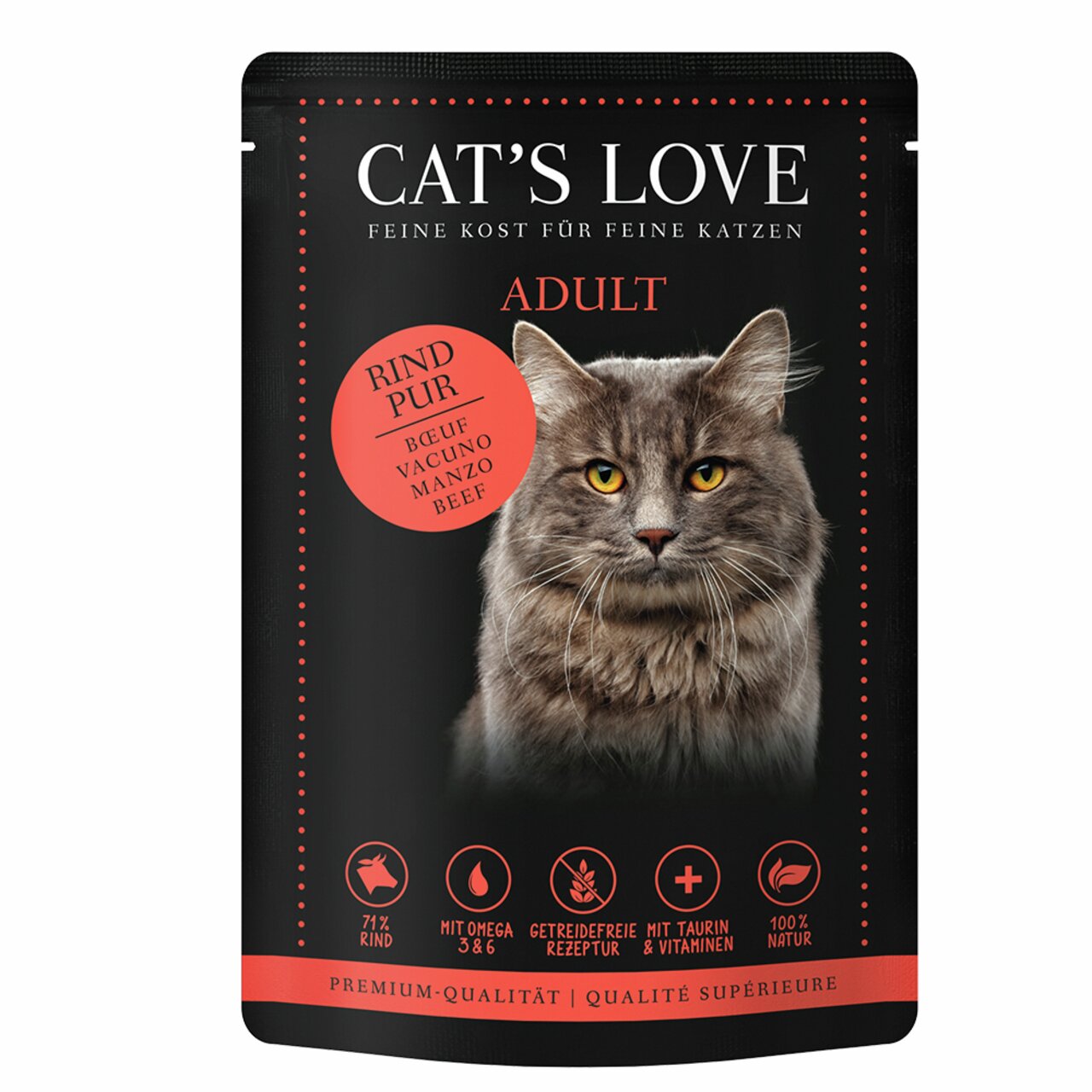 Cat's Love Adult Nassfutter für Katzen, Rind Pur, getreidefrei, mit Omega 3 & 6, 85g Premium-Qualität.