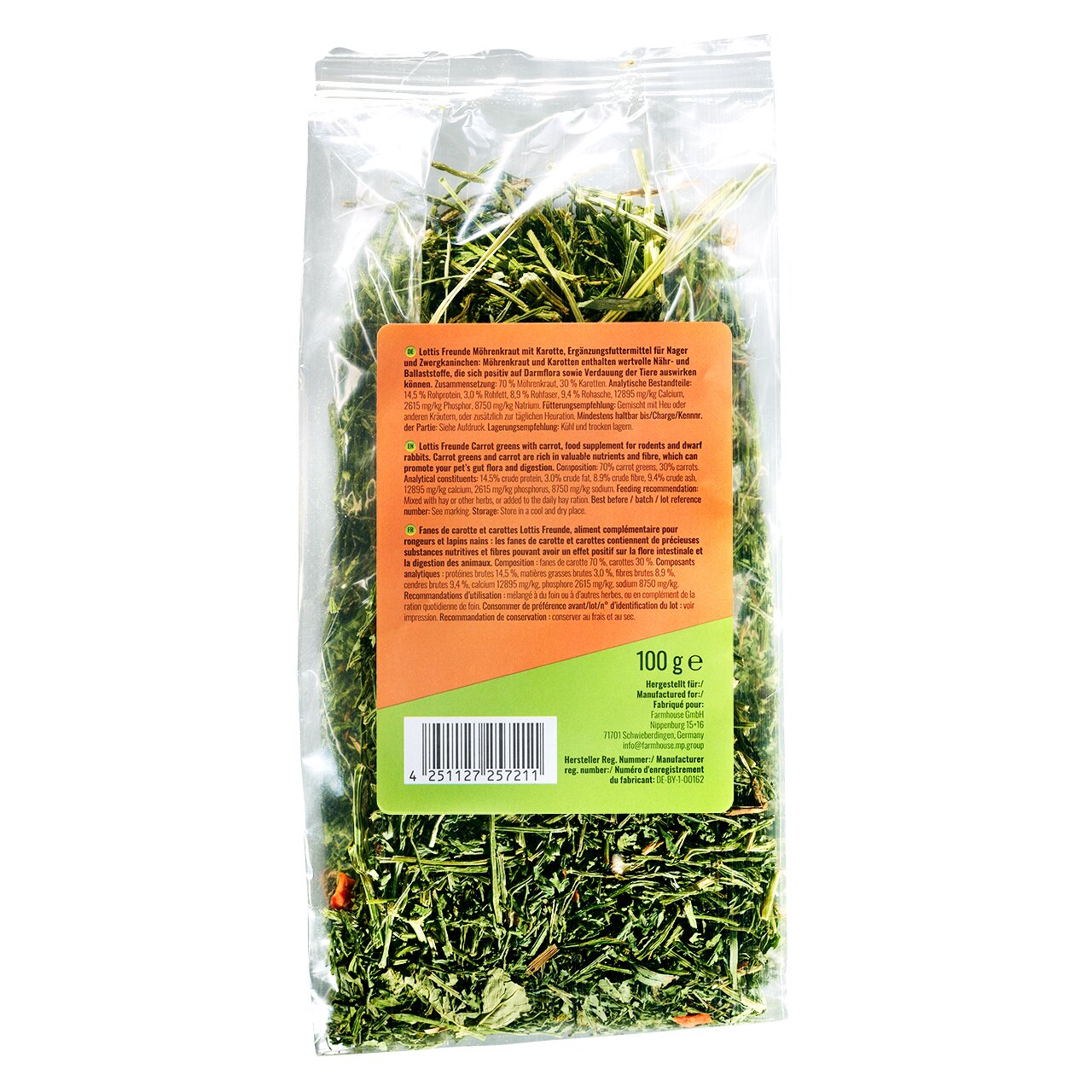 Lottis Freunde Karotten-Kräutermischung für Nager, Geschmacksrichtung Karotte, fördert Verdauung, Beutelinhalt: 100 g.