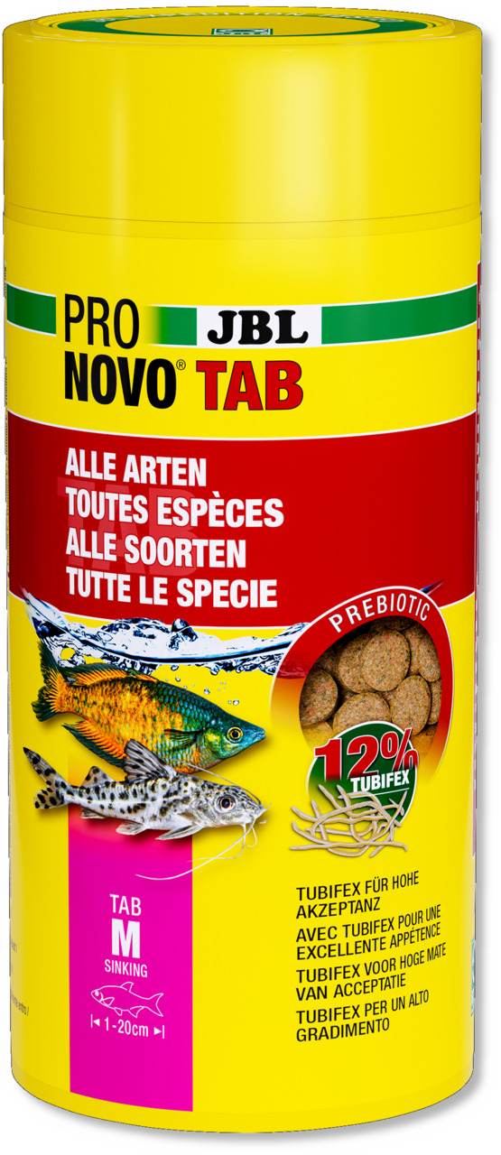 Das Bild zeigt eine gelb-rote Dose des Fischfutters „JBL ProNovo Tab M“ der Marke JBL. Es ist für alle Fischarten geeignet, speziell für Fische von 1 bis 20 cm Länge. Die Tabs enthalten 12 % Tubifex und sind präbiotisch für eine hohe Akzeptanz. Die Menge 