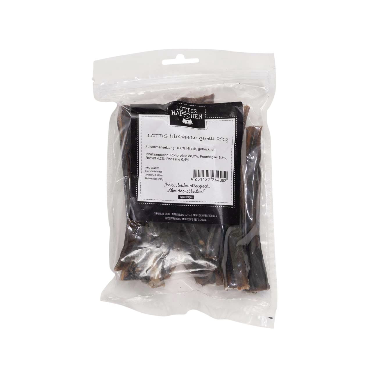 Lottis Häppchen Hirschhaut gerollt, Hundesnack, 100% Hirschhaut, 200 g, für Hunde, natürliche Zutaten, EAN 4251127244082.