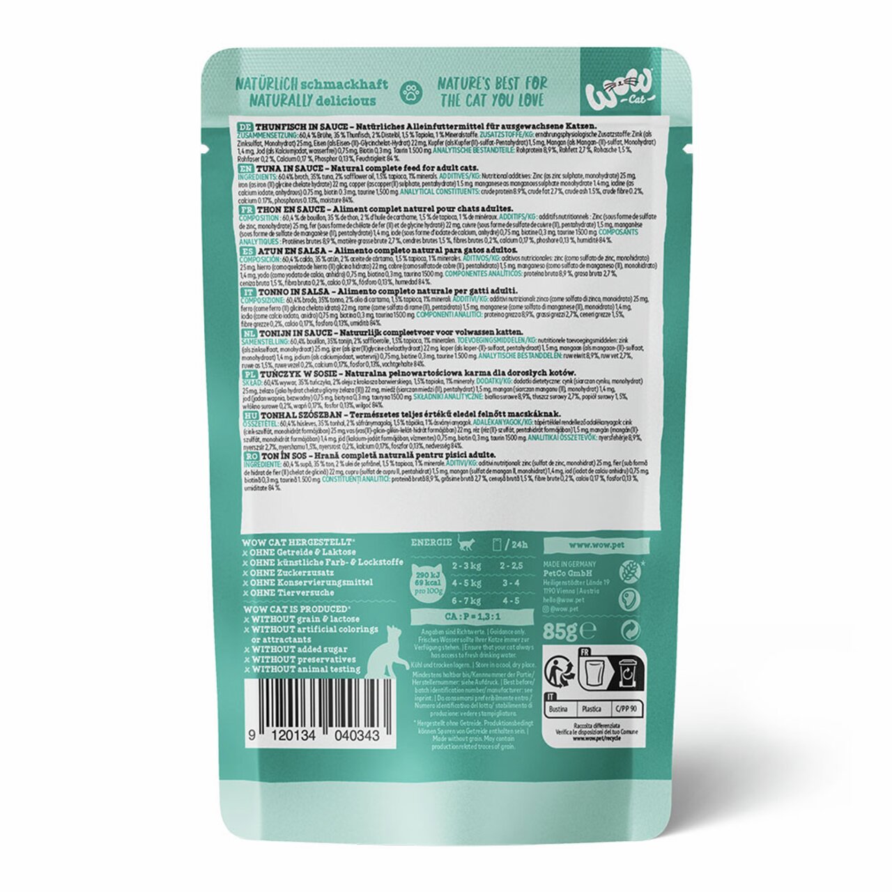 WOW CAT Thunfisch in Sauce, Alleinfuttermittel für ausgewachsene Katzen, ohne Getreide, 85 g, natürlich schmackhaft.