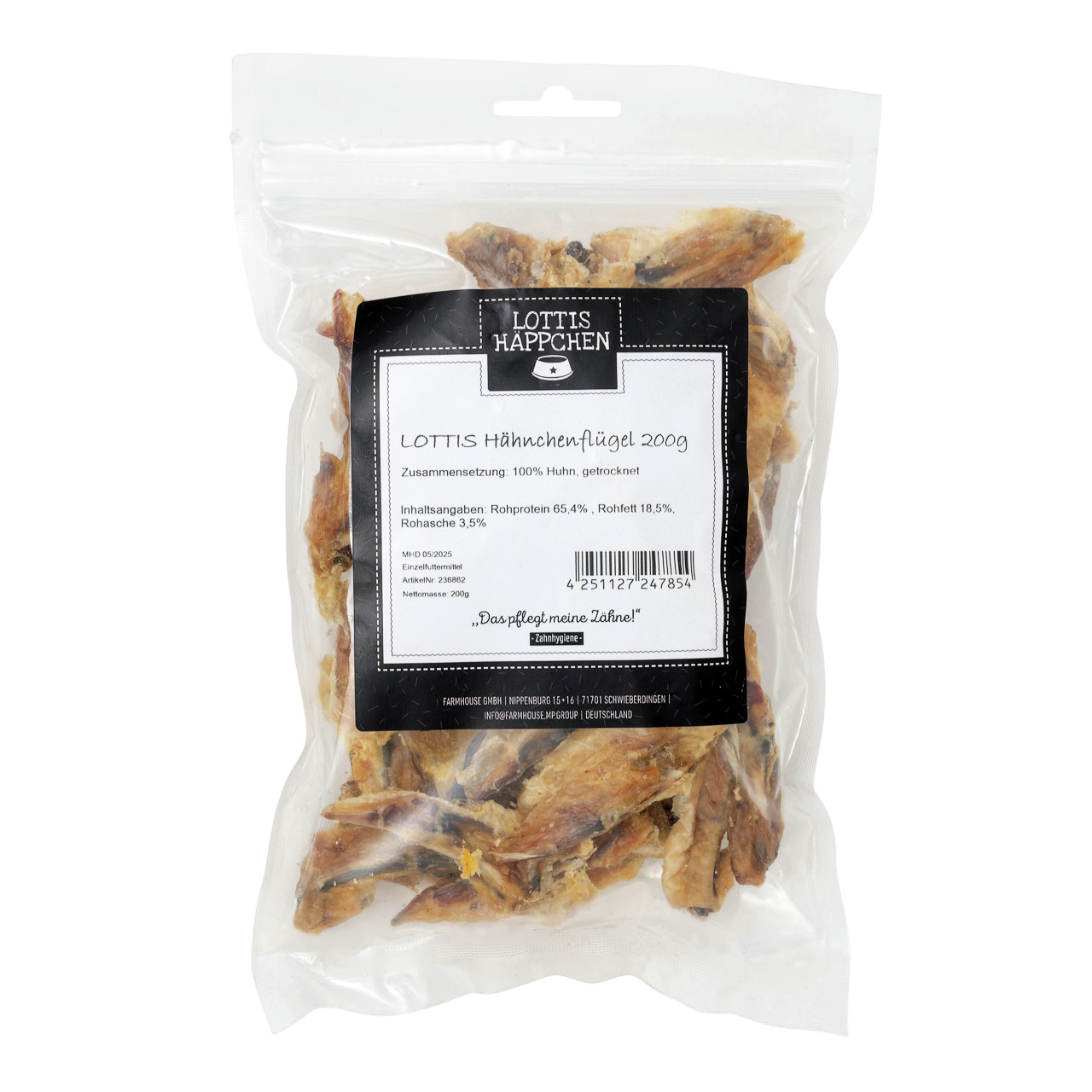 Lottis Häppchen Hähnchenflügel, 200 g, für Hunde, Huhn, 100 % Huhn, zahnreinigend, Rohprotein 65,4 %, Rohfett 18,5 %, Rohasche 3,5 %.