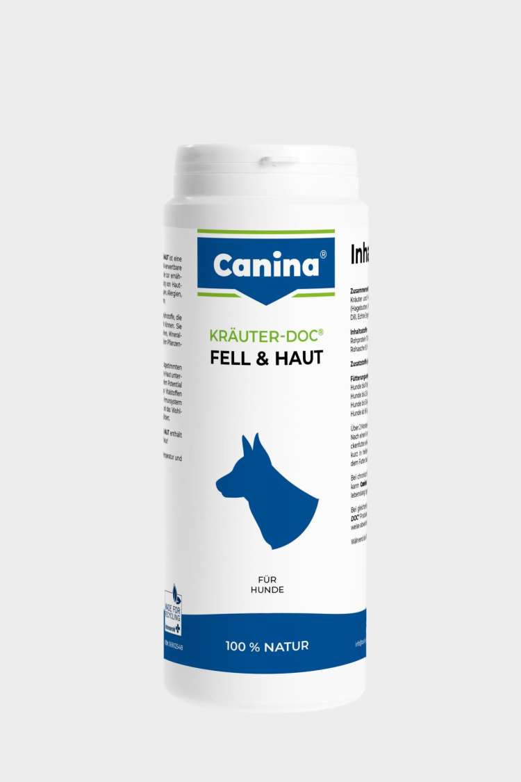 Canina Kräuter-Doc Fell & Haut für Hunde, 100 % Natur, unterstützt Haut- & Fellgesundheit, natürliche Inhaltsstoffe, weiße Dose.