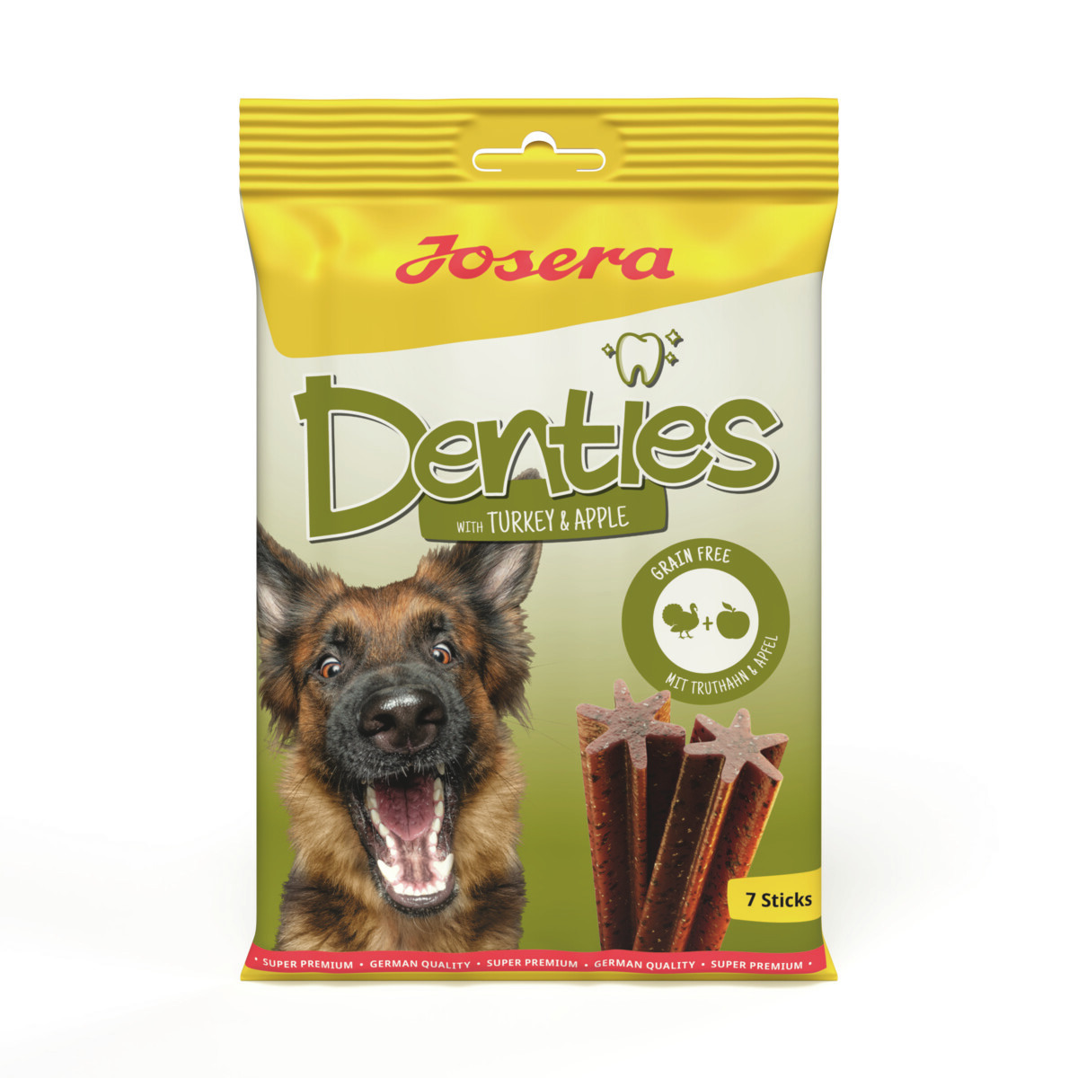 Josera Denties, Zahnpflegesticks für Hunde, getreidefrei, Truthahn & Apfel, 7 Sticks, fröhlicher Schäferhund auf Verpackung.