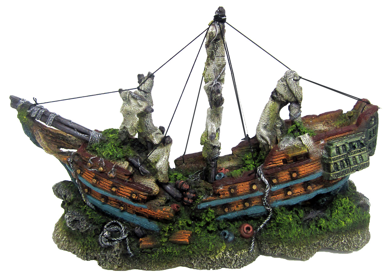 Amtra Piratenschiff-Deko, für Aquarien, detailreiches Design, moosbewachsen, zerrissene Segel, ideal für abenteuerl. Unterwasserwelt.