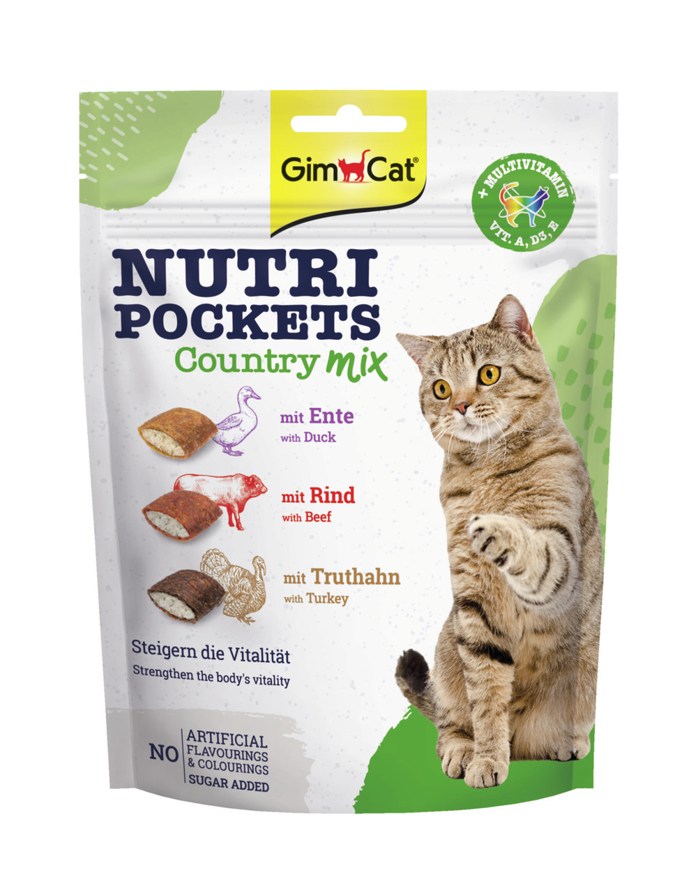 GimCat Nutri Pockets Country Mix: Snack f. Katzen, Geschm. Ente, Rind, Truthahn, stärkt Vitalität, ohne künstl. Zusätze, 150g.