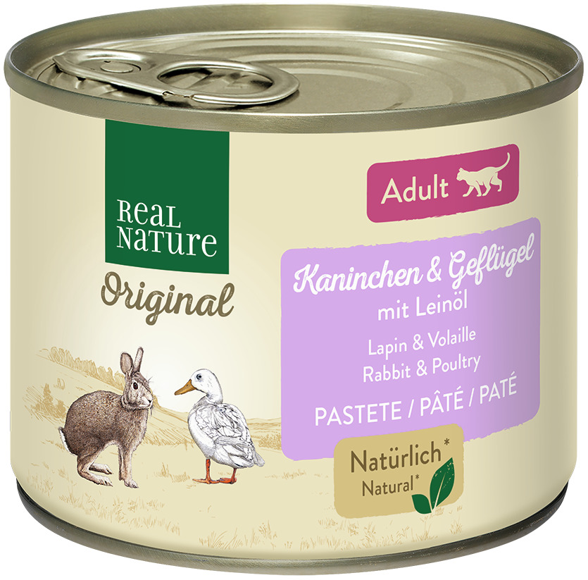 Das Bild zeigt eine Dose des Tierfutterprodukts „REAL NATURE Original“ für erwachsene Katzen. Die Geschmacksrichtung ist Kaninchen und Geflügel mit Leinöl. Die Verpackung betont natürliche Inhaltsstoffe mit dem Hinweis „Natürlich Natural“. Die Menge der D