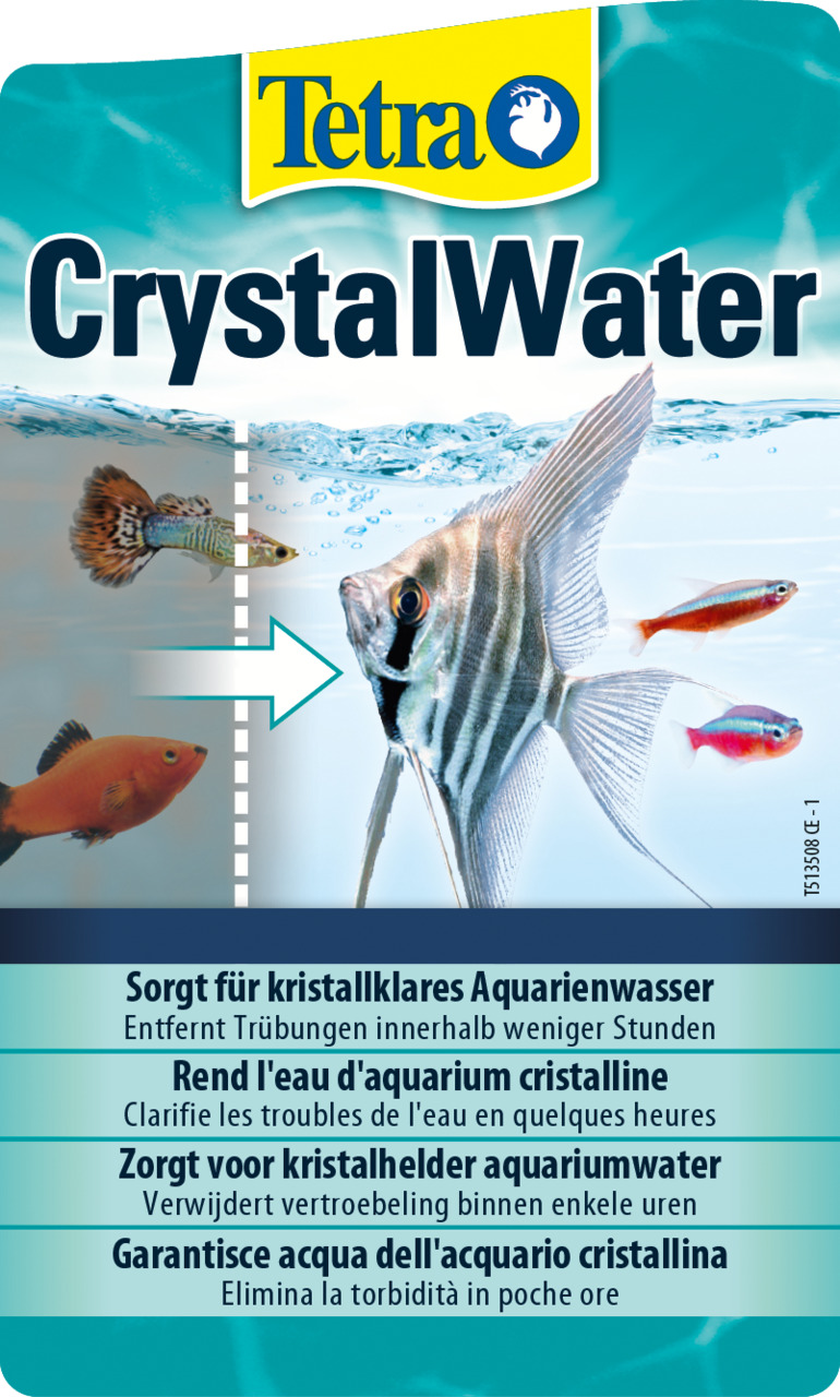 Das Bild zeigt die Verpackung des Produkts „Tetra CrystalWater“, einem Wasseraufbereiter für Aquarien. Es richtet sich an Aquarienbesitzer und verspricht, Trübungen im Wasser innerhalb weniger Stunden zu entfernen, um kristallklares Wasser zu gewährleiste