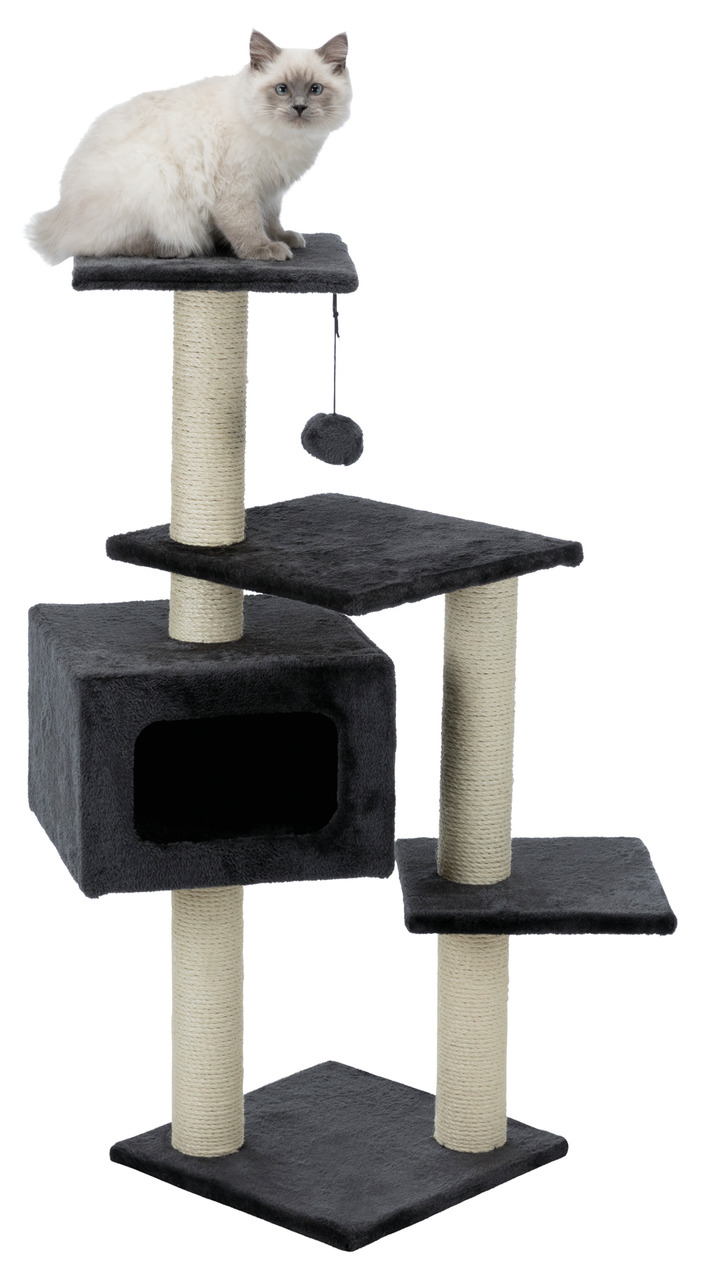 Das Bild zeigt einen TRIXIE Kratzbaum für Katzen in schwarzer Farbe mit mehreren Ebenen und Sisalstämmen. Eine weiße Katze sitzt auf der obersten Plattform. Der Kratzbaum ist für Katzen aller Größen geeignet und bietet Spiel- und Rückzugsmöglichkeiten. Ei