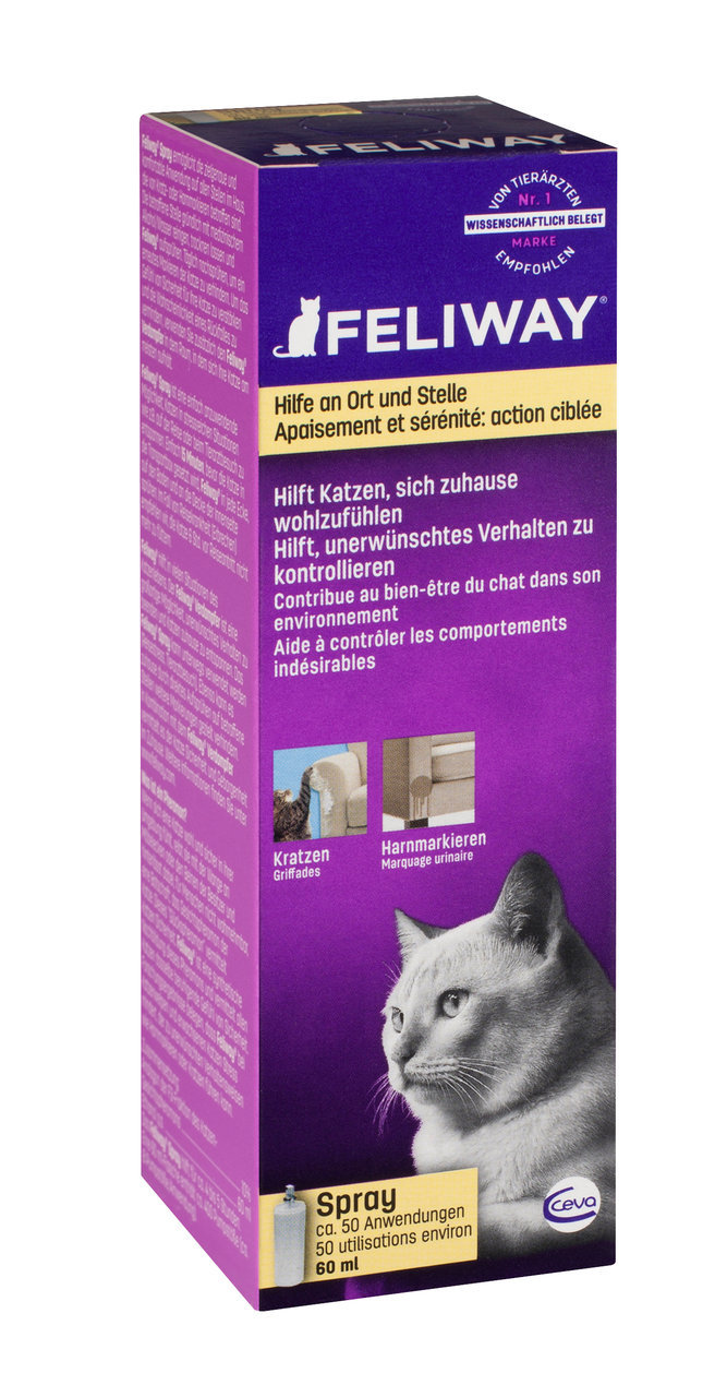 Feliway Spray für Katzen, reduziert Kratzen & Harnmarkieren, 60 ml, ca. 50 Anwendungen, lila-gelbe Verpackung mit Katze.