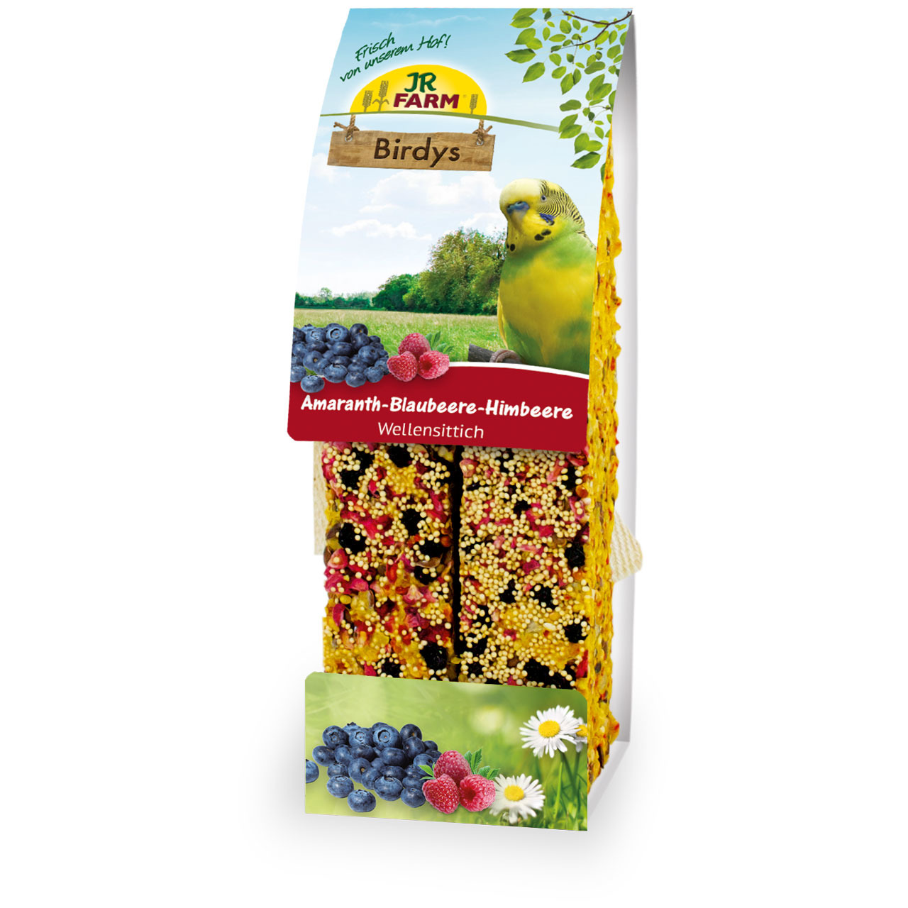 JR FARM Birdys Amaranth-Blaubeere-Himbeere, für Wellensittiche, 2 Knabberstangen, "Frisch vom eigenen Hof", mit Amaranth, Blaubeeren, Himbeeren.