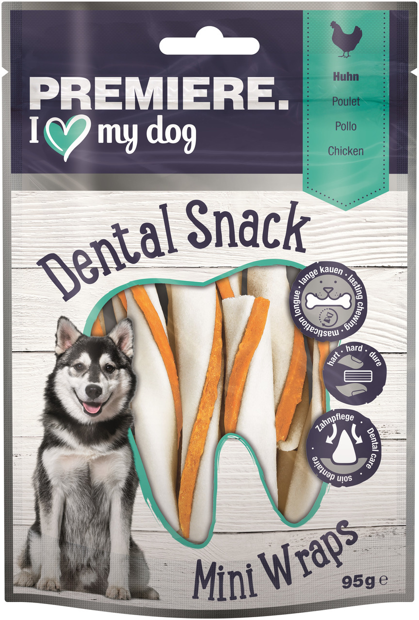 PREMIERE I love my dog Dental Snack Mini Wraps, 95 g, für Hunde, Huhn, Zahnpflege, langes Kauen.