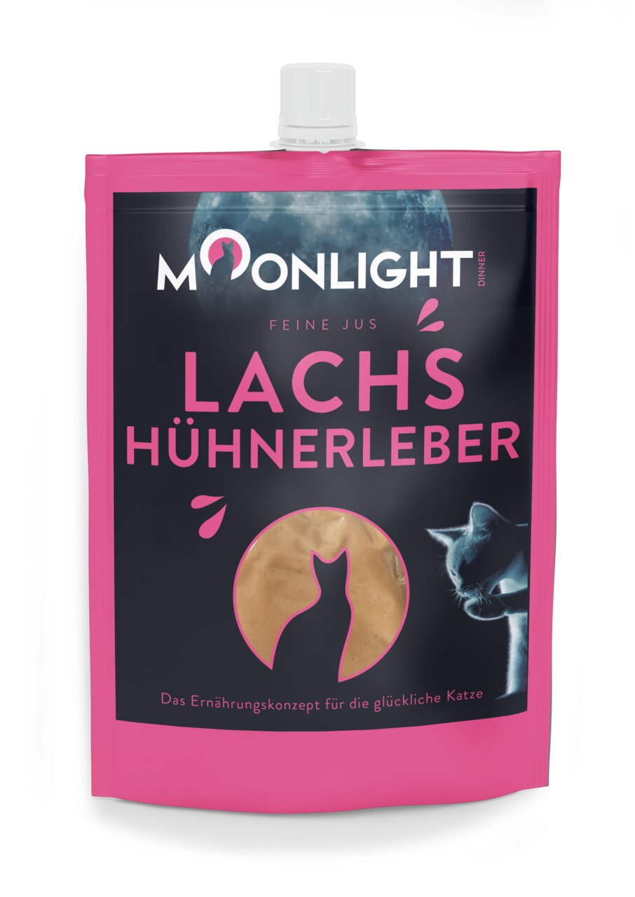 Moonlight Dinner Feine Jus, Katzennahrung für Katzen, Geschmack Lachs & Hühnerleber, 85 g, für eine glückliche Katze.