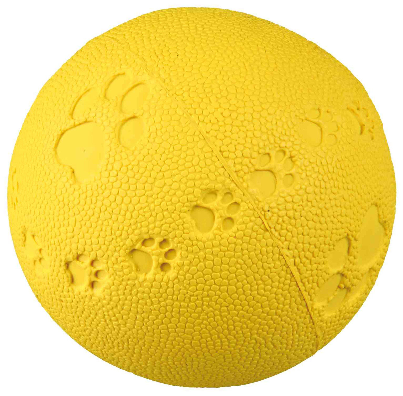Gelber Hundespielball der Marke TRIXIE mit strukturierter Oberfläche und eingearbeiteten Pfotenabdrücken. Geeignet für Hunde aller Größen, fördert Spiel und Bewegung. Hergestellt aus robustem Material für langlebigen Spaß. Durchmesser ca. 12 cm. Perfekt f