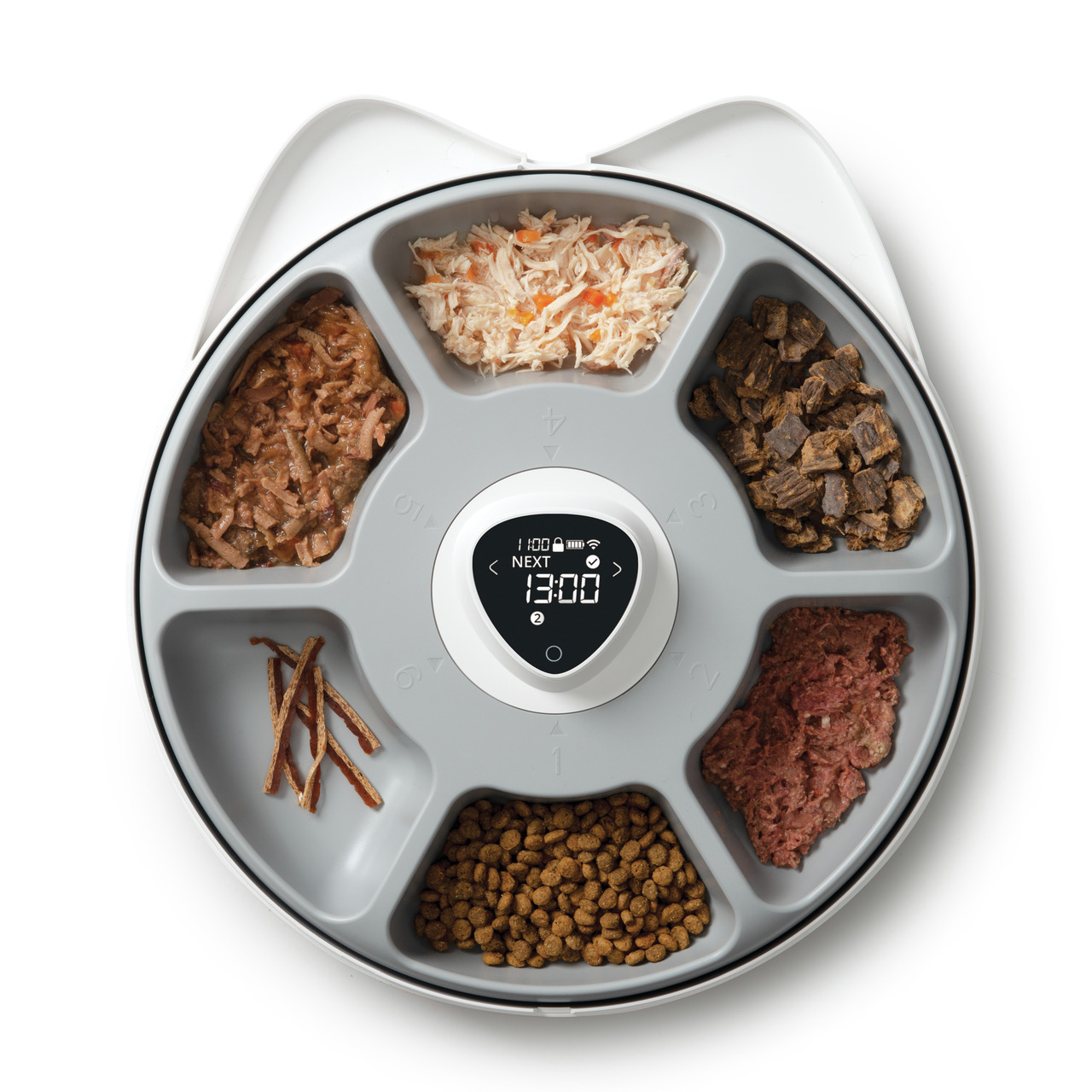 Catit Futterautomat 022517437544 für Katzen, 6 Fächer (Trocken--Nassfutter, Snacks), Display mit Zeitanzeige, ideal für kontrollierte Fütterung.