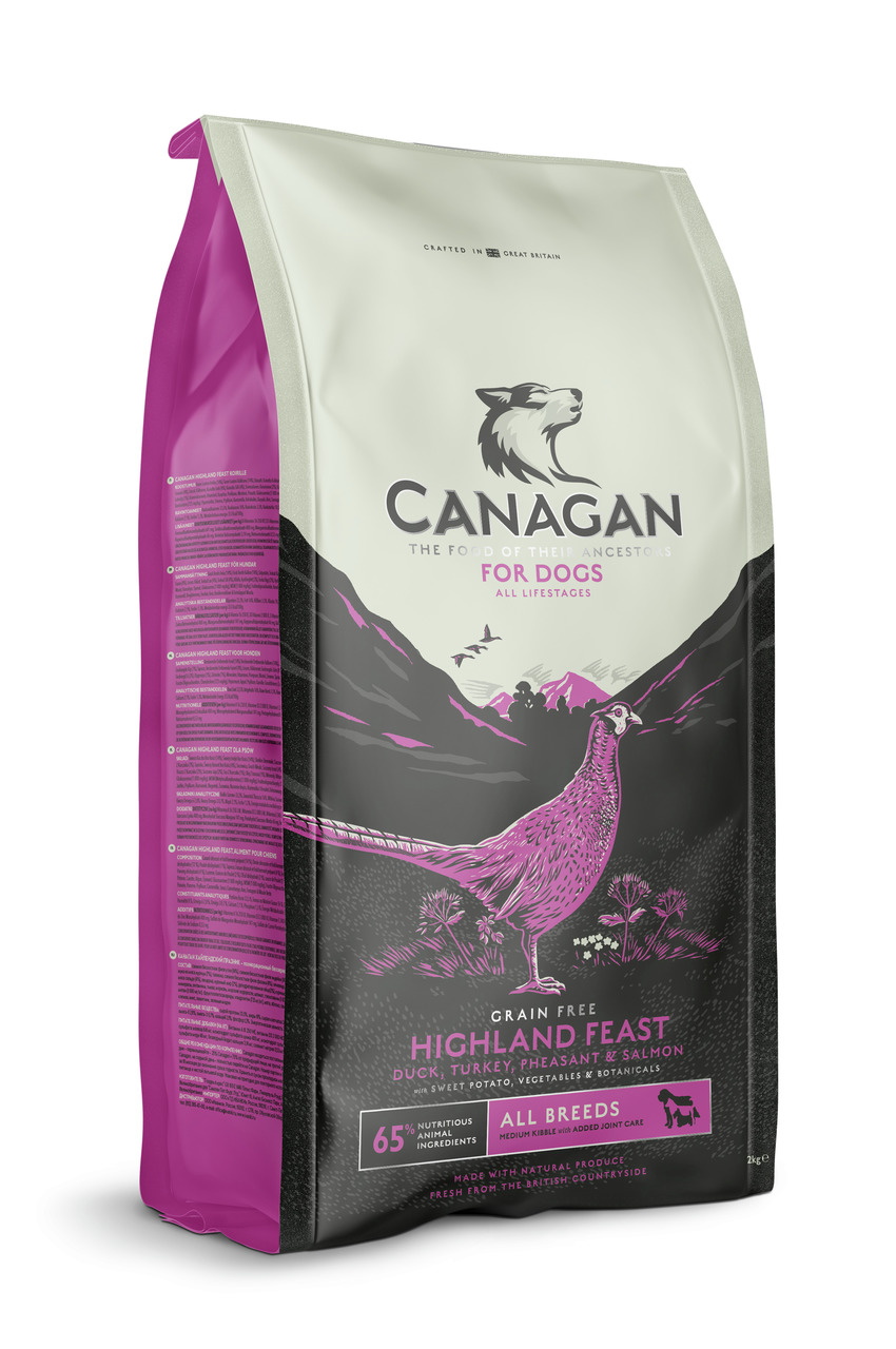 Canagan Highland Feast Hundefutter, alle Rassen-Lebensphasen, Ente-Truthahn-Fasan-Lachs, getreidefrei, 65 % tierisch, 2 kg.