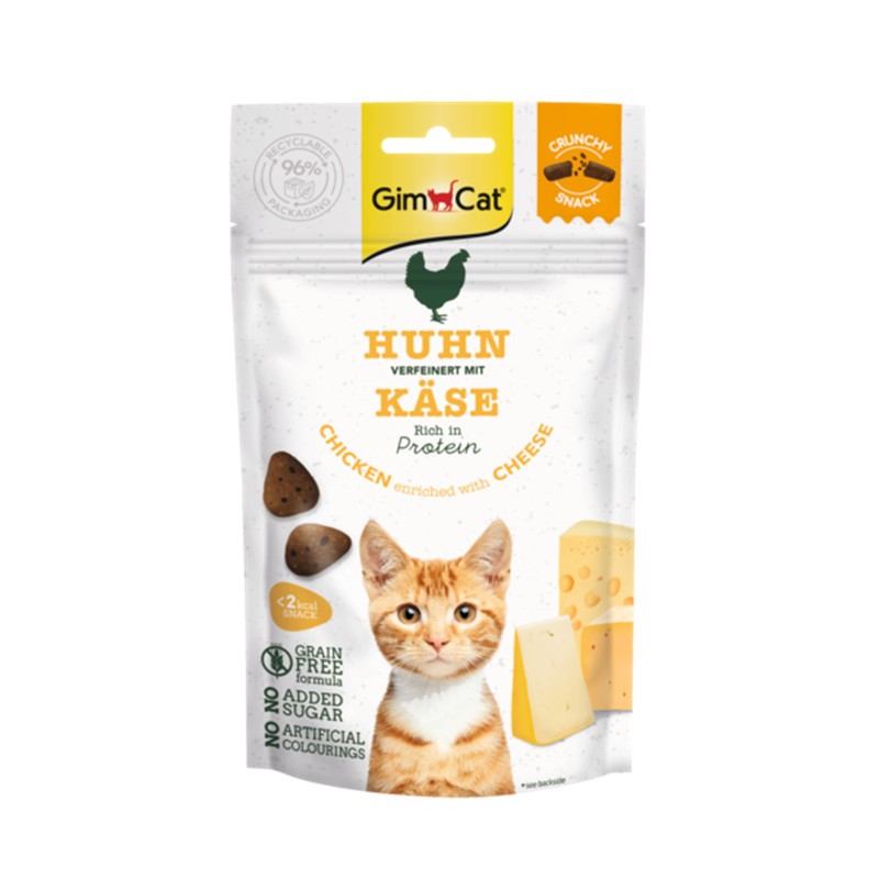 GimCat Crunchy Snack Huhn & Käse, getreidefreier Katzensnack f. erw. Katzen, reich an Protein, ohne Zuckerzusatz, 42 g.