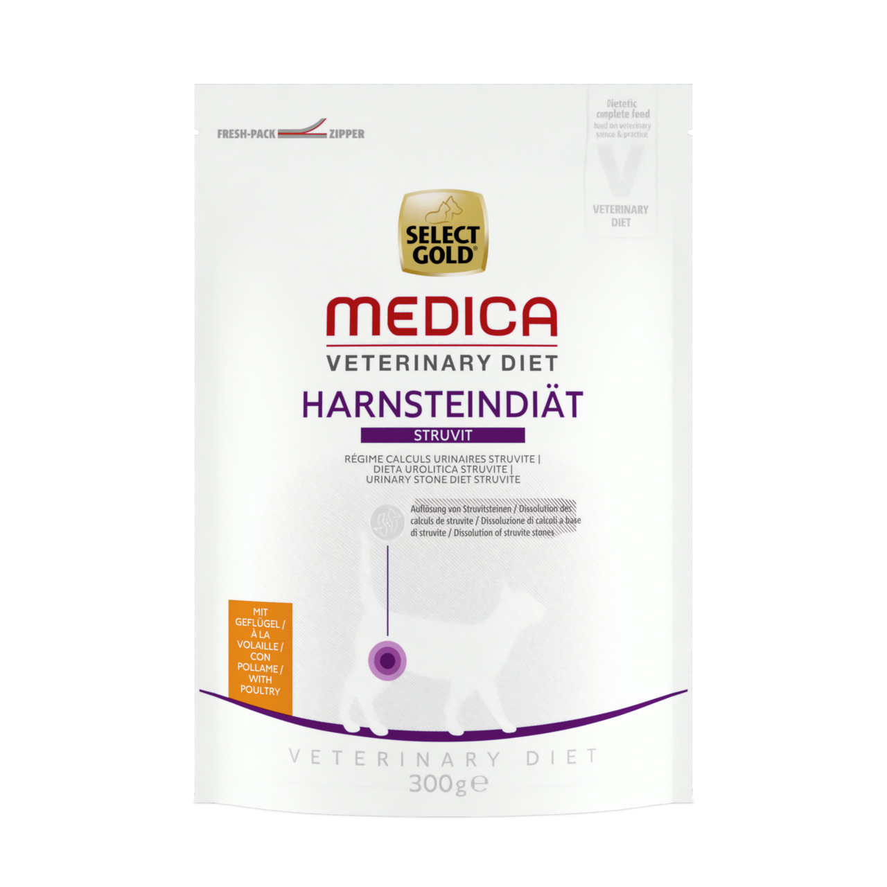 Select Gold Medica Vet. Diet Harnsteindiät Struvit, 300g, für Katzen, Geflügel, unterstützt bei Struvitsteinen, mit Frischeverschluss.
