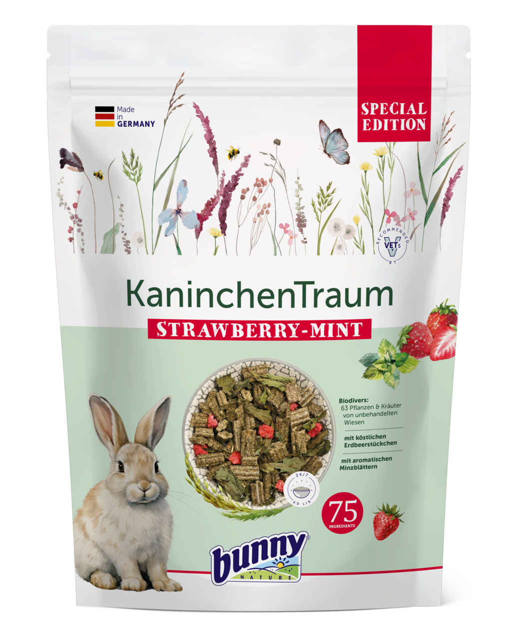 Bunny KaninchenTraum Strawberry-Mint, Premium-Futter f. Kaninchen, Erdbeere-Minze, 63 Pflanzen, 75 Zutaten, 100% nat., 75g, Made in Germany.