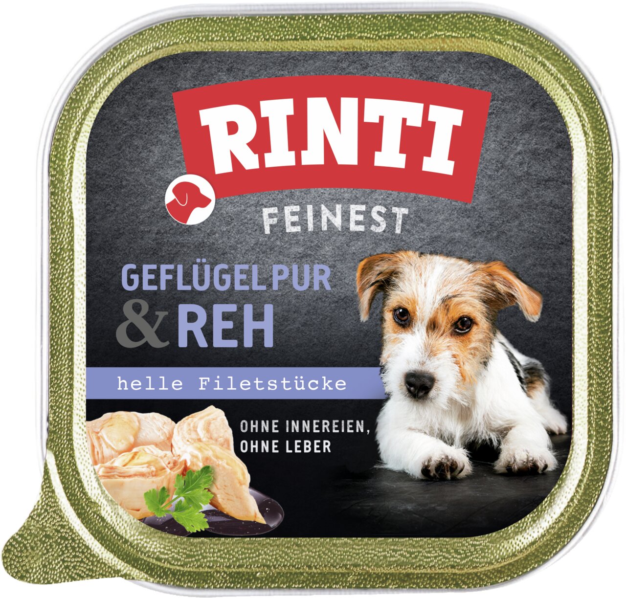 RINTI Feinest Geflügel pur & Reh, für Hunde, helle Filetstücke, ohne Innereien und Leber, 150 g, saftige Fleischmahlzeit.