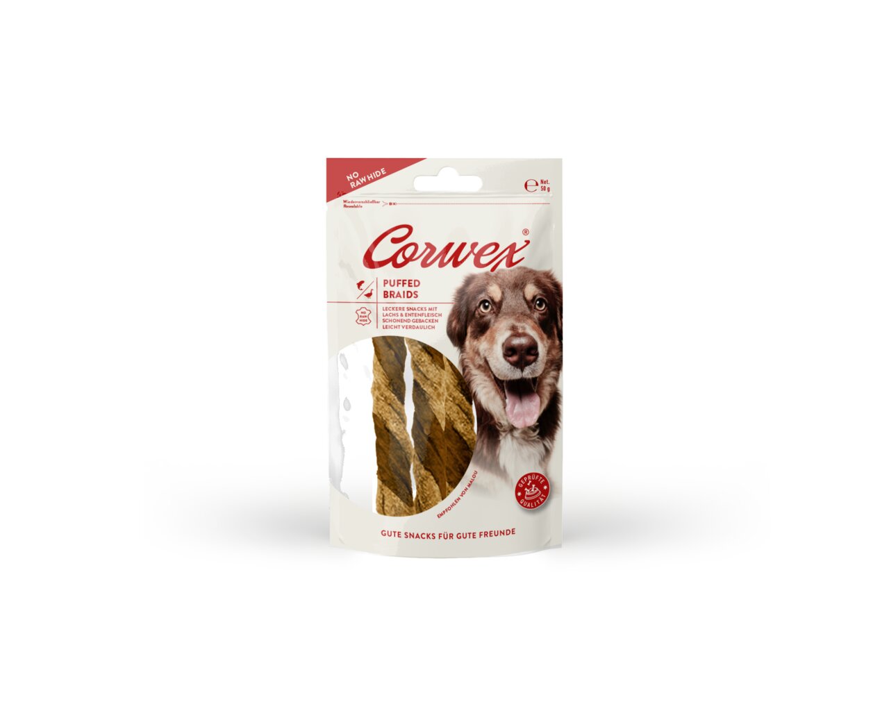 Corwex Puffed Braids für Hunde, Snack ohne Rohhaut, leicht verdaulich, Geschmack: Fisch, Inhalt: 80 g, GTIN: 4012262703700.