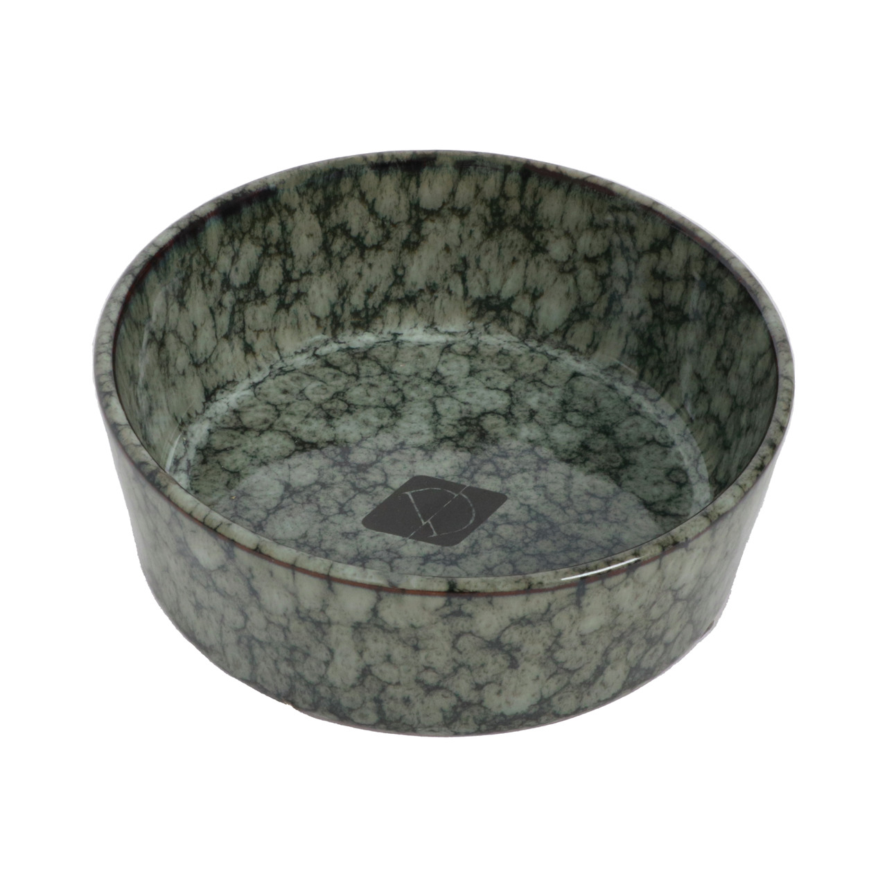 Keramik-Hundenapf der Marke D&D, Modell "Marble", geeignet für Hunde aller Größen. Der Napf hat ein elegantes, marmoriertes Design in Grün- und Grautönen und ist robust sowie leicht zu reinigen. Perfekt für Wasser oder Futter. Fassungsvermögen und Gewicht